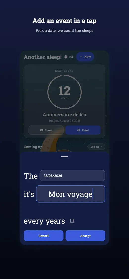 Event creation screen in How many sleeps