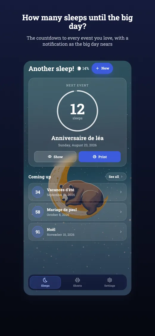 How many sleeps home screen showing the number of sleeps before the next event