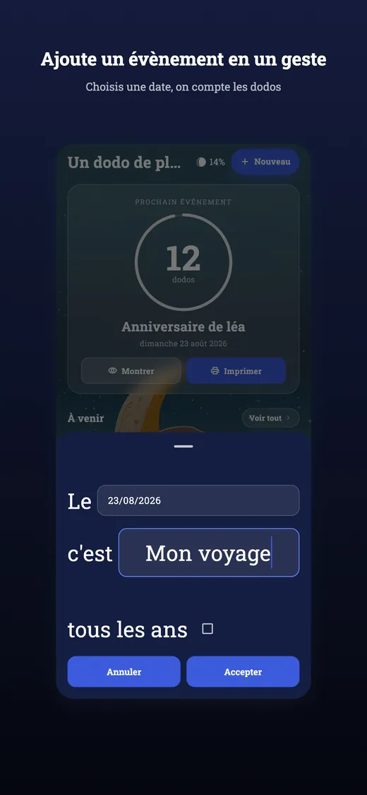 Écran de création d'un évènement dans Combien de dodos