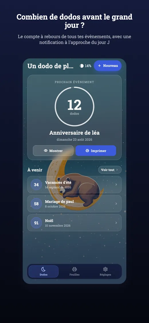 Écran d'accueil de Combien de dodos affichant le nombre de dodos avant le prochain évènement