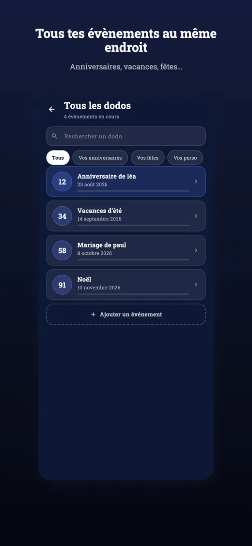 Liste des évènements avec leurs comptes à rebours dans Combien de dodos